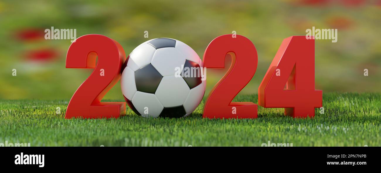 2024 Soccer football. New year number with soccer ball on grass field