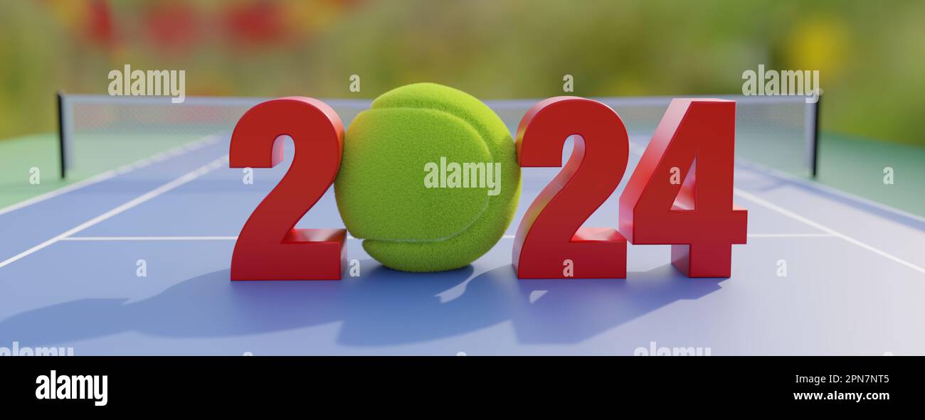 2024 Happy Tennis New Year Calendar Yellow Ball Between Red Digit Number On Sport Court Floor Outdoors Open Field With Net Background Banner 3d Re 2PN7NT5 