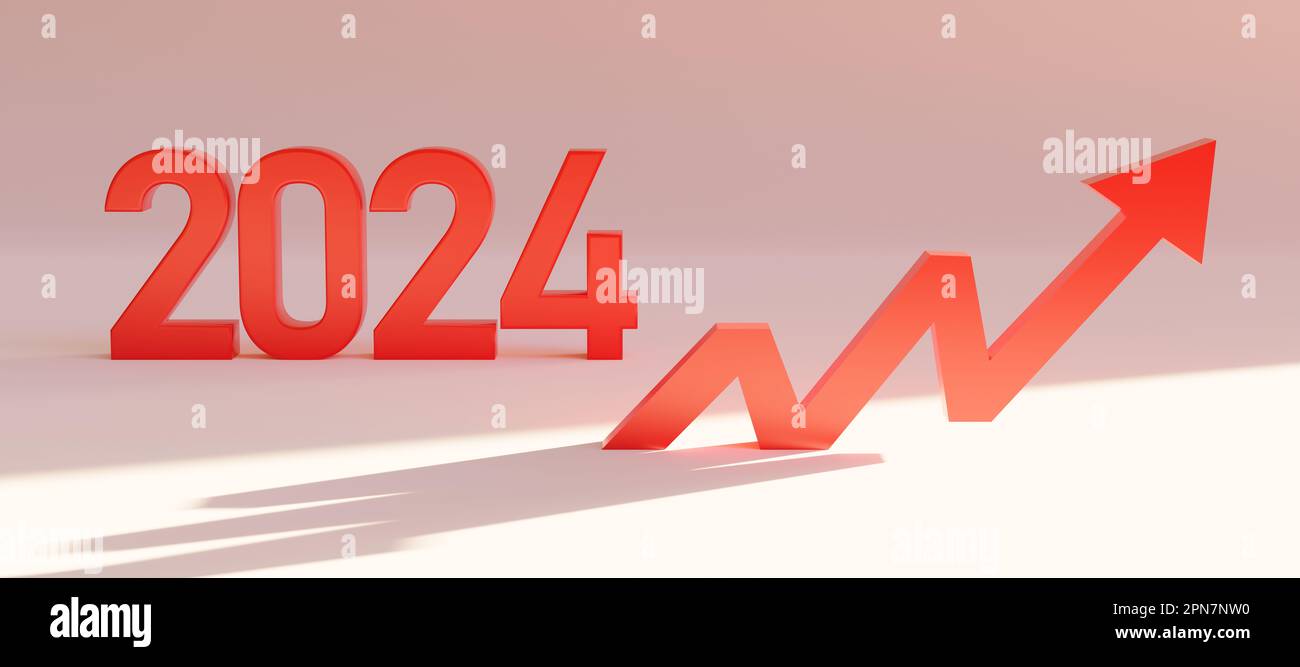 2024 New Year number and red arrow up on pink background. Stat up about