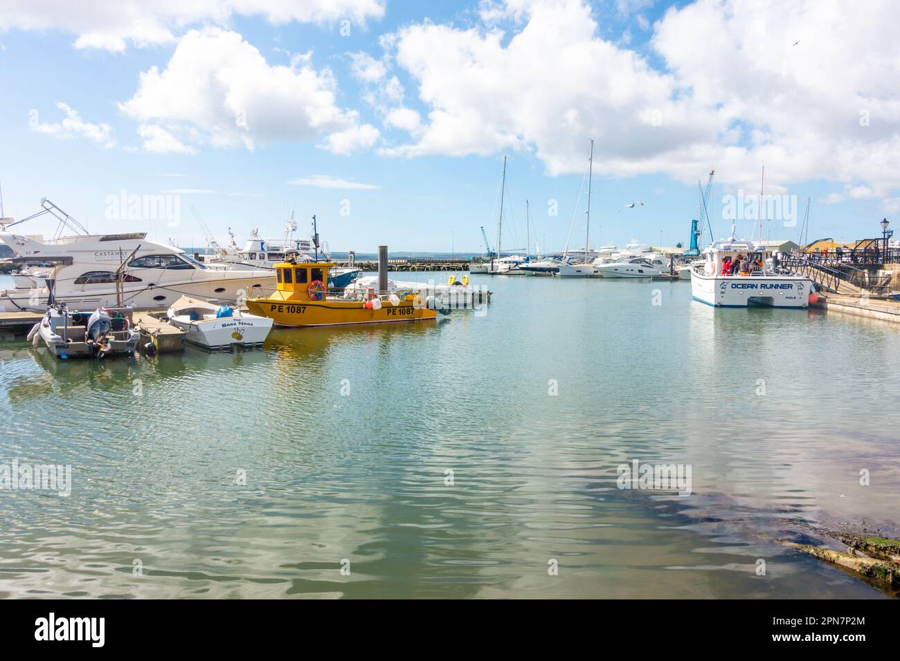 Boats moored to pontoons at Fisherman's Dock in Poole Harbour in Dorset