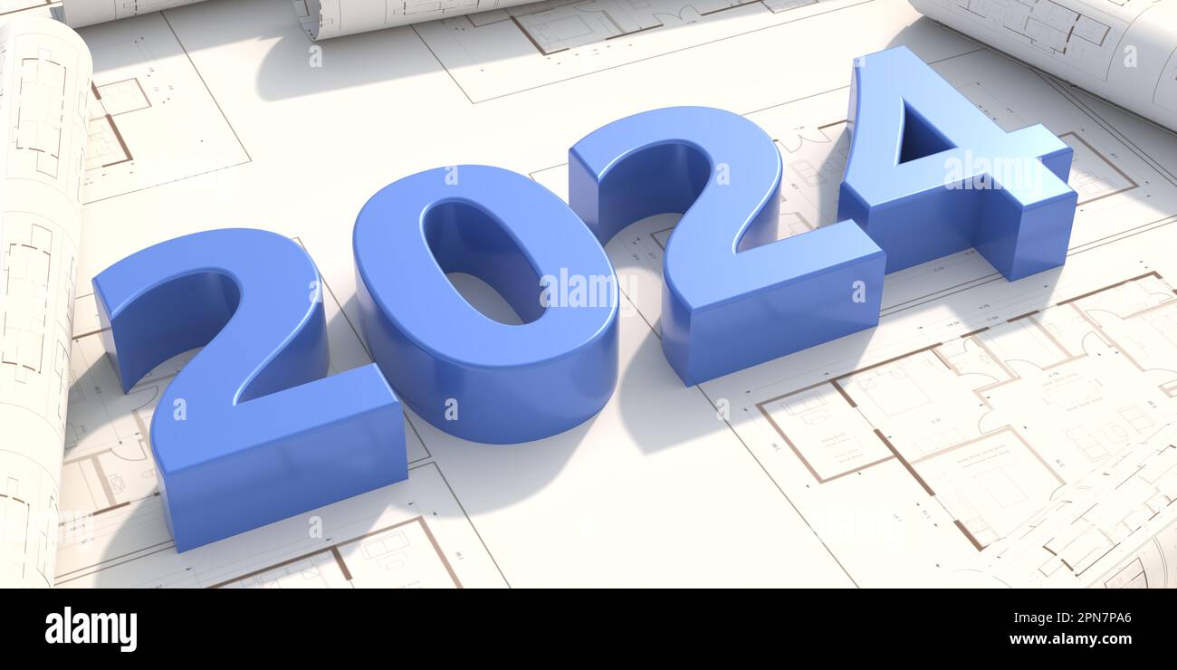New year 2024 blue number on construction project blueprint. Architect
