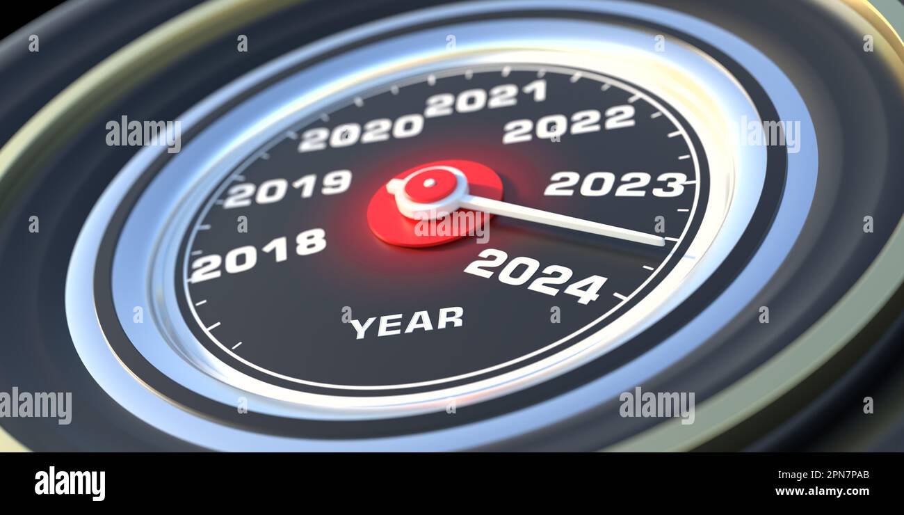 New year 2024 countdown. Auto car gauge speedometer, needle indicator
