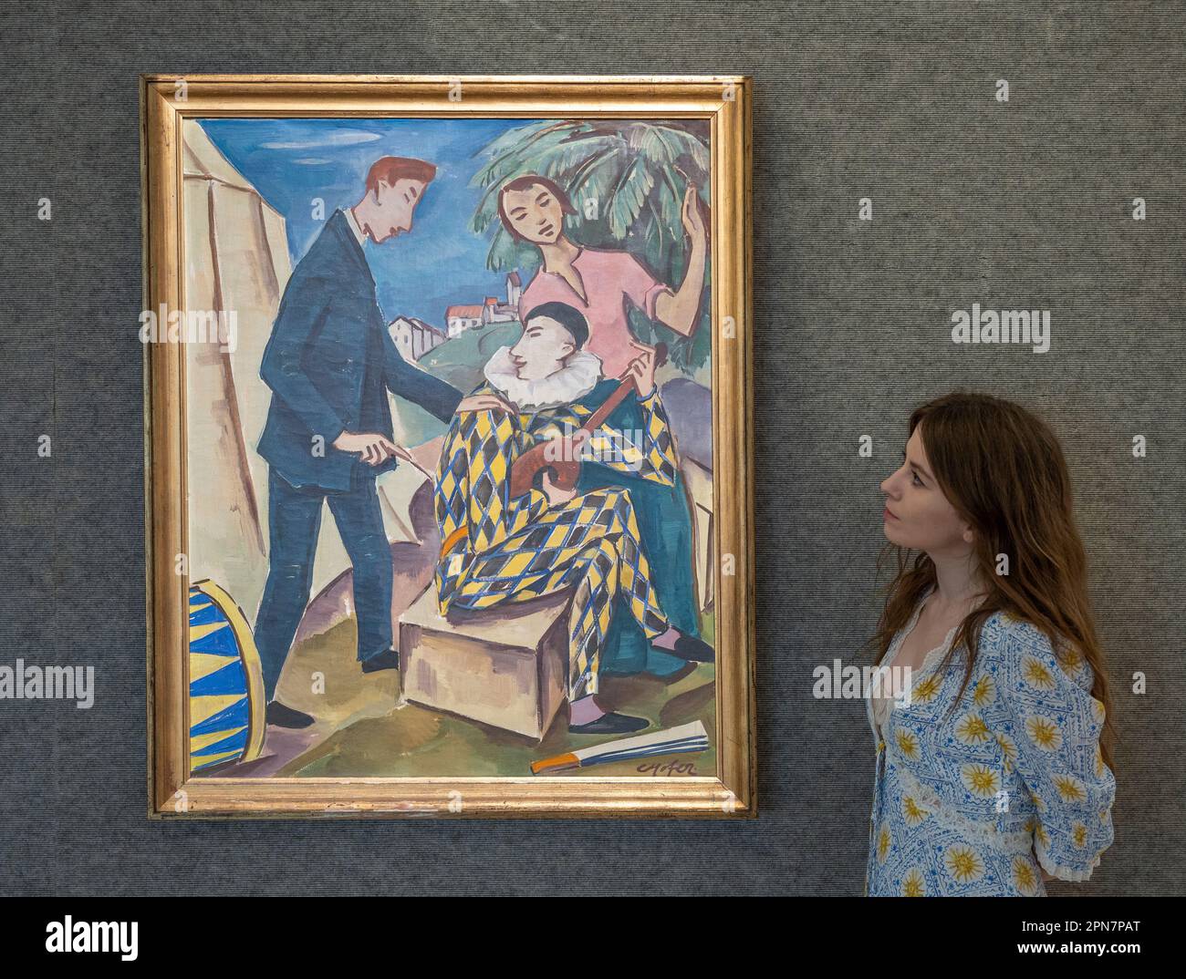 Bonhams, London, UK. 17th Apr, 2023. Impressionist and Modern Art sale takes place on 20 April. Highlights include: Karl Hofer (1878-1955), Circusleute, estimate £70,000 - £100,000. Credit: Malcolm Park/Alamy Live News Stock Photo