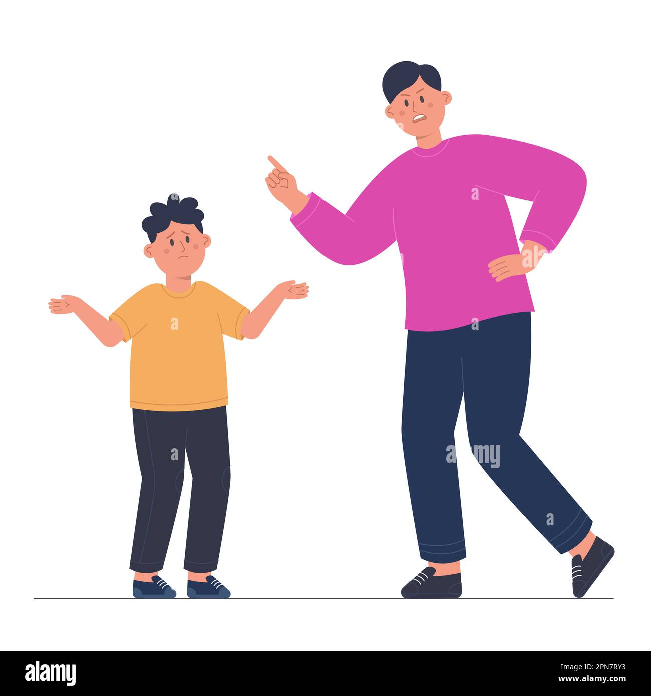 Angry cartoon father punishing sad son for breaking rule Stock Vector