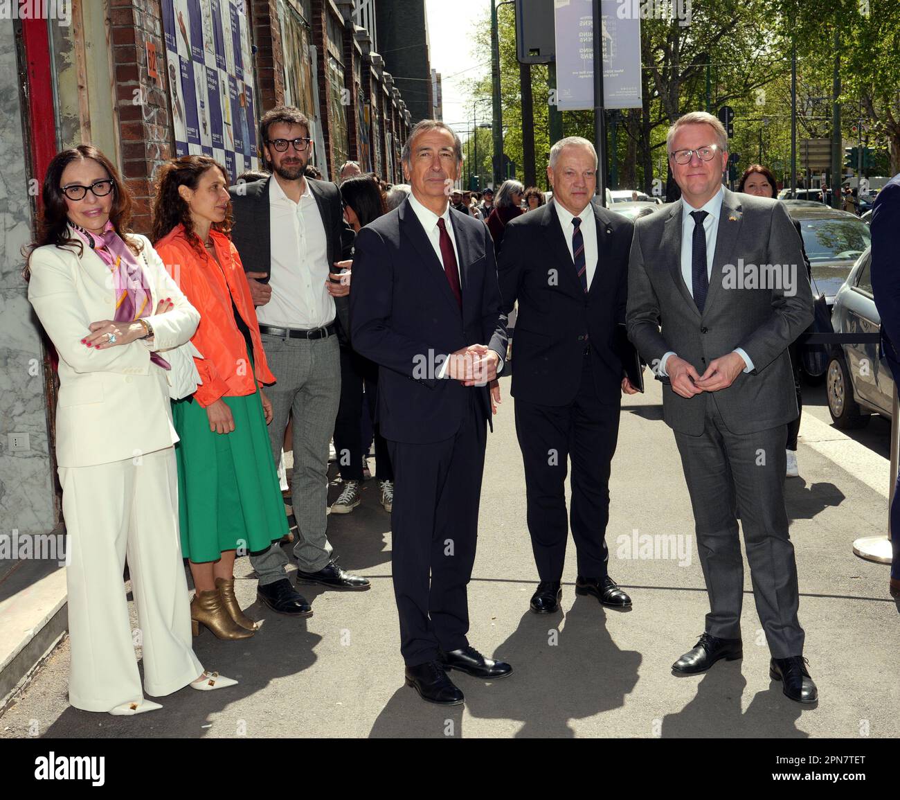 Milan,Visit of the Danish Princess Mary Donaldson to the Denmark stand for the Milan Design Week, Fuori Salone, Salone del Mobile at the Ex Macello in Via Molise, in the photo Giuseppe Sala, the Minister of Industry Morten Bodskov, the Deputy Minister Valerio Valentini, Joseph Grima and Valentina Ciuffi Editorial Usage Only Stock Photo