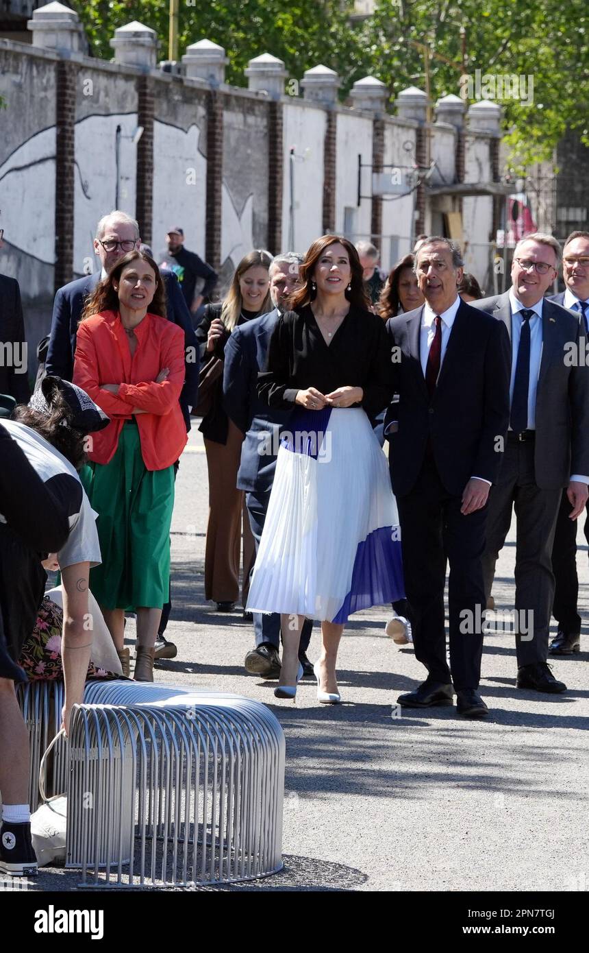 Milan, Italy. 17th Apr, 2023. Milan, Visit of the Danish Princess Mary Donaldson to the Denmark stand for the Milan Design Week, Fuori Salone, Salone del Mobile at the Ex Macello in Via Molise, in the photo Giuseppe Sala, Princess Mary Donaldson the Minister of Industry Morten Bodskov, Joseph Grima and Valentina Ciuffi Editorial Usage Only Credit: Independent Photo Agency/Alamy Live News Stock Photo