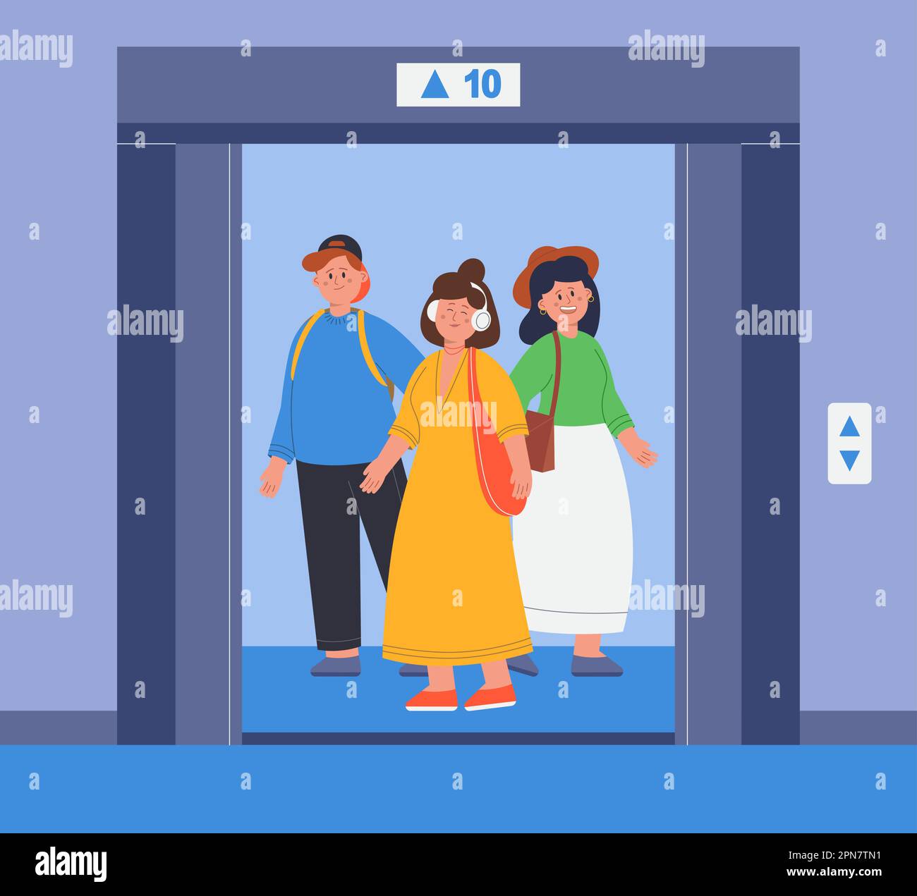 Young people inside lift with open door flat vector illustration Stock Vector