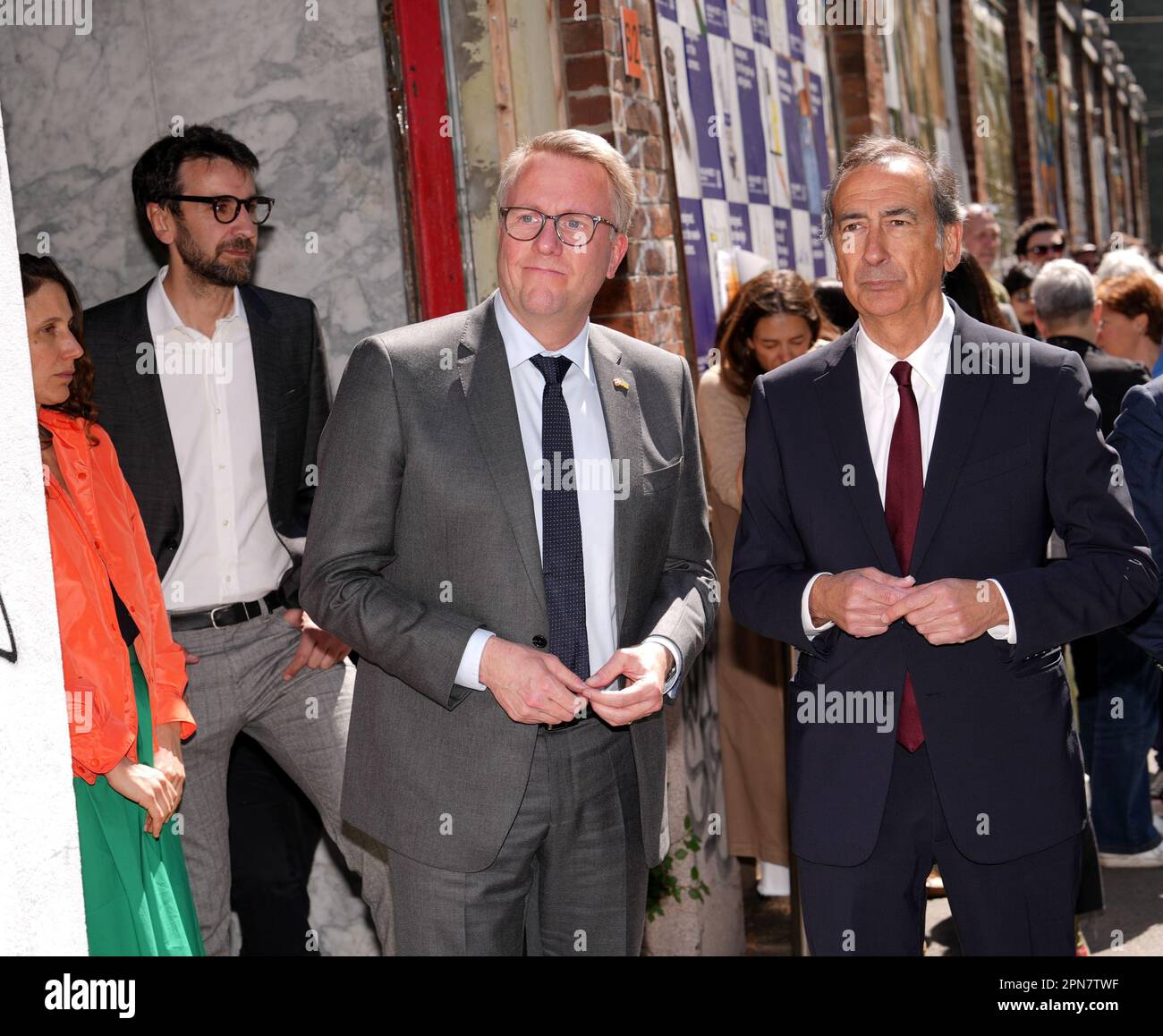 Milan, Italy. 17th Apr, 2023. Milan, Visit of the Danish Princess Mary Donaldson to the Denmark stand for the Milan Design Week, Fuori Salone, Salone del Mobile at the Ex Macello in Via Molise, in the photo Giuseppe Sala, the Minister of Industry Morten Bodskov, Joseph Grima and Valentina Ciuffi Editorial Usage Only Credit: Independent Photo Agency/Alamy Live News Stock Photo