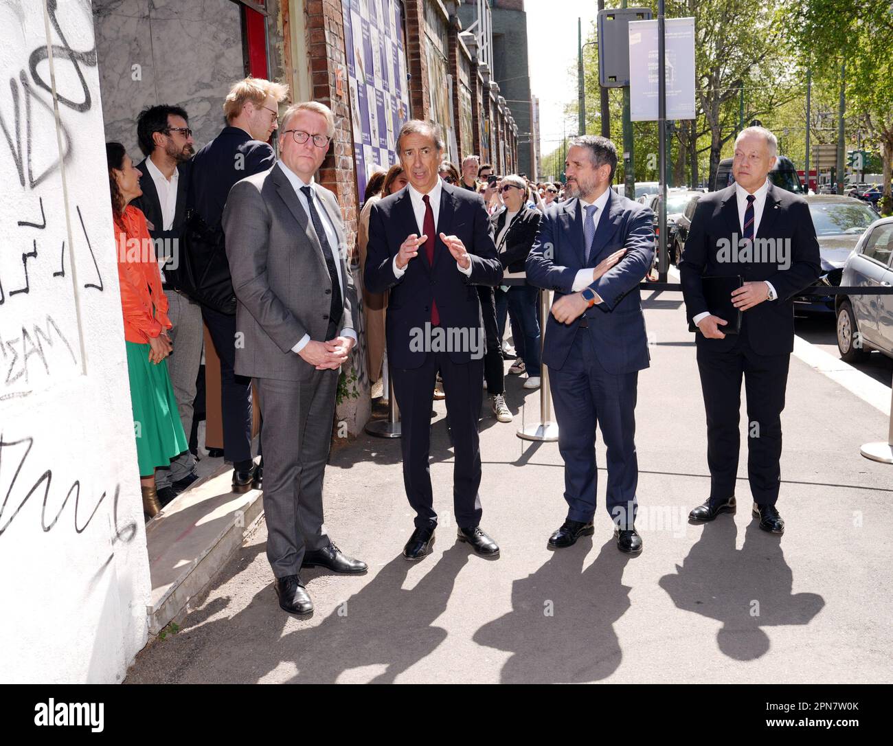 Milan, Italy. 17th Apr, 2023. Milan, Visit of the Danish Princess Mary Donaldson to the Denmark stand for the Milan Design Week, Fuori Salone, Salone del Mobile at the Ex Macello in Via Molise, in the photo Giuseppe Sala, the Minister of Industry Morten Bodskov, the Deputy Minister Valerio Valentini, Joseph Grima and Valentina Ciuffi Editorial Usage Only Credit: Independent Photo Agency/Alamy Live News Stock Photo