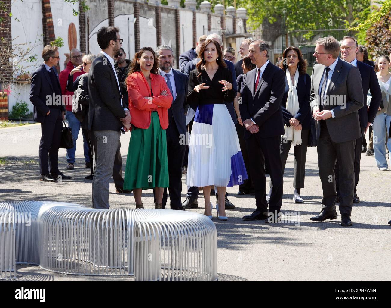 Milan, Italy. 17th Apr, 2023. Milan, Visit of the Danish Princess Mary Donaldson to the Denmark stand for the Milan Design Week, Fuori Salone, Salone del Mobile at the Ex Macello in Via Molise, in the photo Giuseppe Sala, Princess Mary Donaldson the Minister of Industry Morten Bodskov, Joseph Grima and Valentina Ciuffi Editorial Usage Only Credit: Independent Photo Agency/Alamy Live News Stock Photo