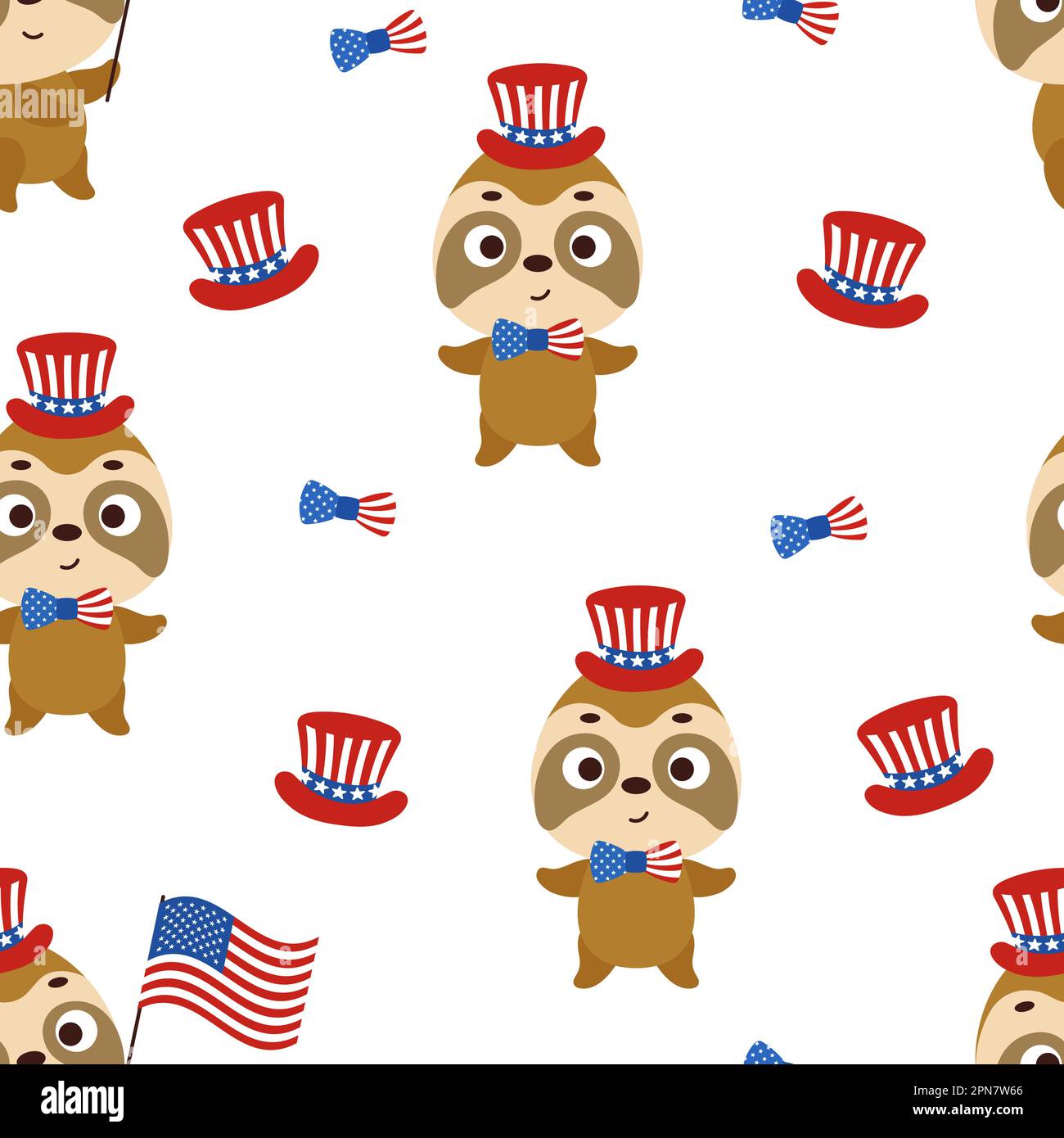 Cute little sloth in USA patriotic hat seamless childish pattern. Funny ...