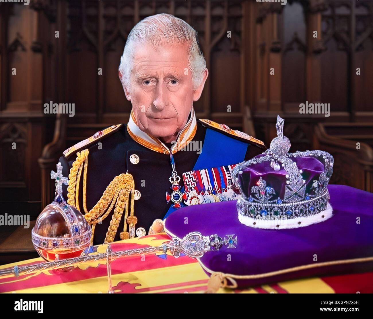KING CHARLES III PORTRAIT UNIFORM 2022 CROWN JEWELS HEAD OF STATE CORONATION DESTINY. A pensive King Charles III at Queen Elizabeth II funeral service at St. George’s Chapel Windsor, with the Monarch’s Imperial State Crown, Sceptre and Orb on her Majesty’s coffin, the historic symbols of the British Sovereign on display during the funeral service.  19/09/2022  St. Georges Chapel Windsor Berkshire UK. Conceptual harmonious  background with digital image merge Stock Photo