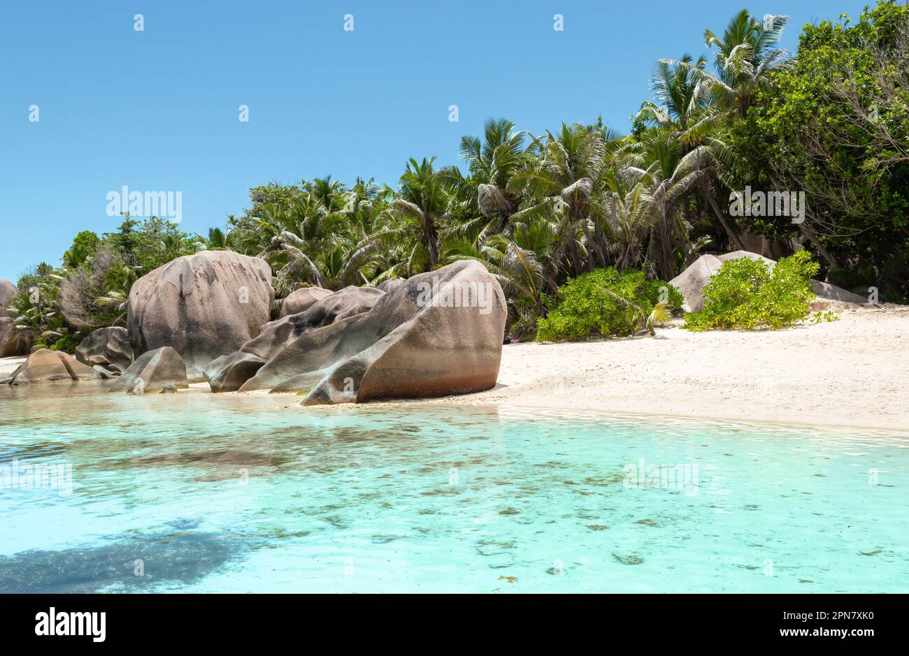 La Digue, Seychelles beach landscape. Anse Source d Argent. Stock Photo