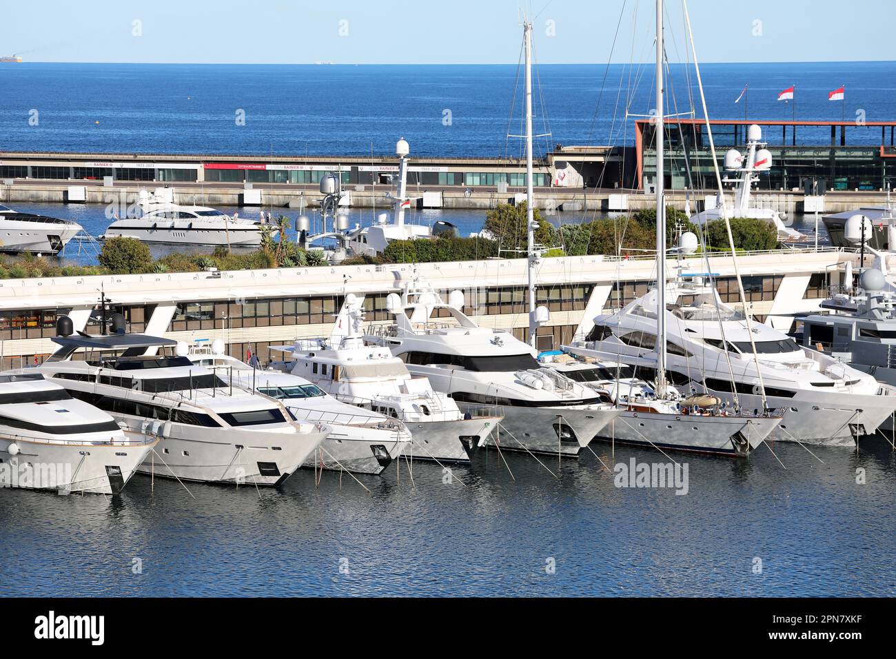 Monte-Carlo, Monaco - April 16, 2023: Aerial view of luxurious superyachts lined up at Port Hercule in Monte-Carlo, Monaco, prior to the Formula 1 Gra Stock Photo