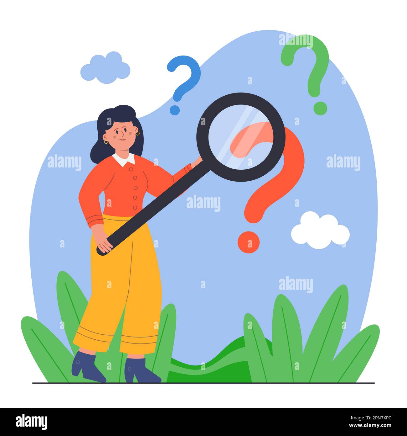 Cute woman looking at question marks through magnifying glass Stock