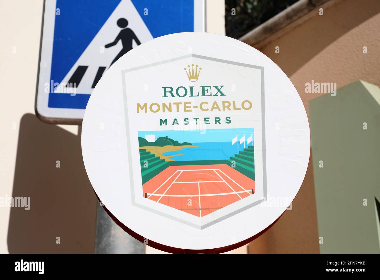 Monte-Carlo, Monaco - April 16, 2023: Colorful promotional sign for the prestigious 2023 Rolex Monte-Carlo Masters tennis tournament in Monaco Stock Photo