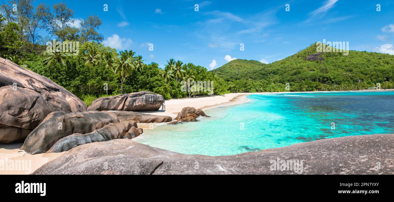 Panoramic landscape with stunning beach in the Seychelles. Stock Photo