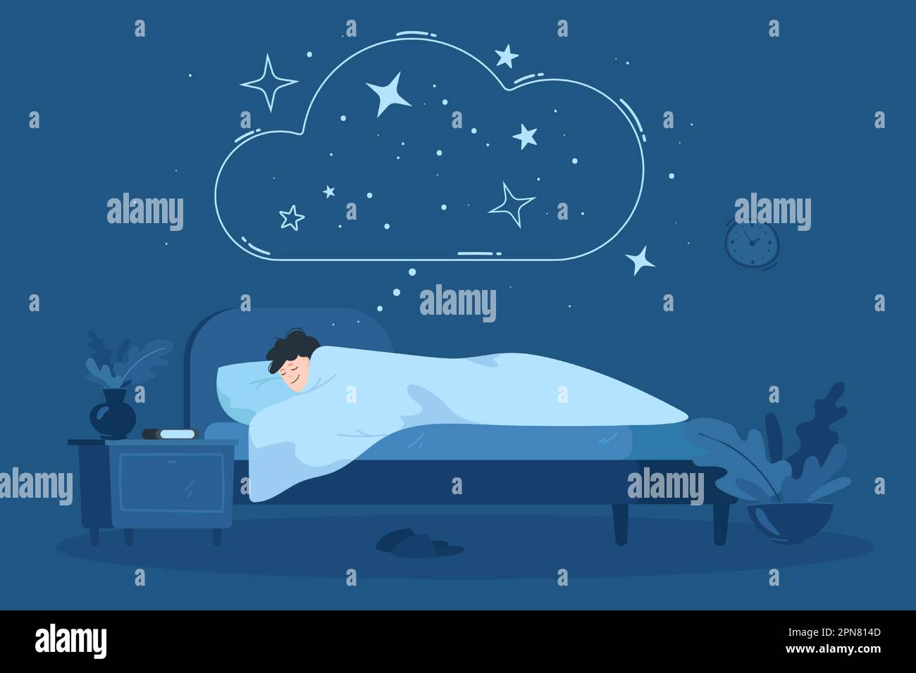 Dreaming character sleeping in bed at night Stock Vector Image & Art