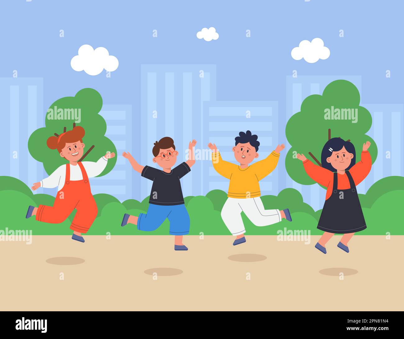 Happy kids jumping on playground flat vector illustration Stock Vector