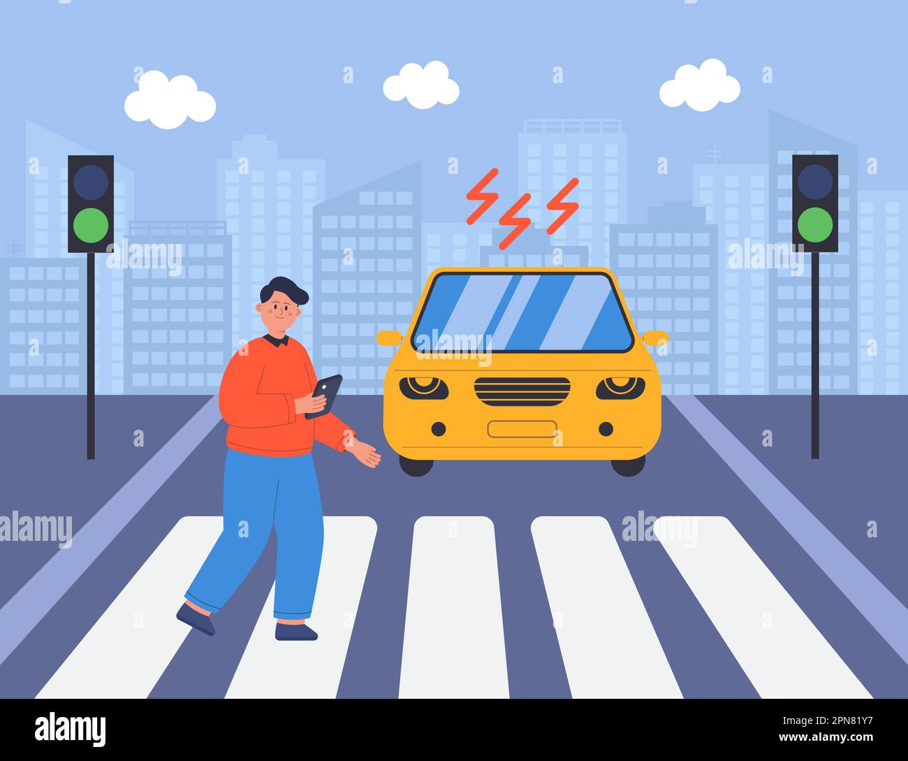 Crosswalk accident. Pedestrian with smartphone and headphones