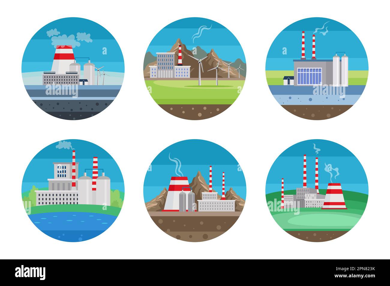 Thermal power stations cartoon illustrations set Stock Vector Image