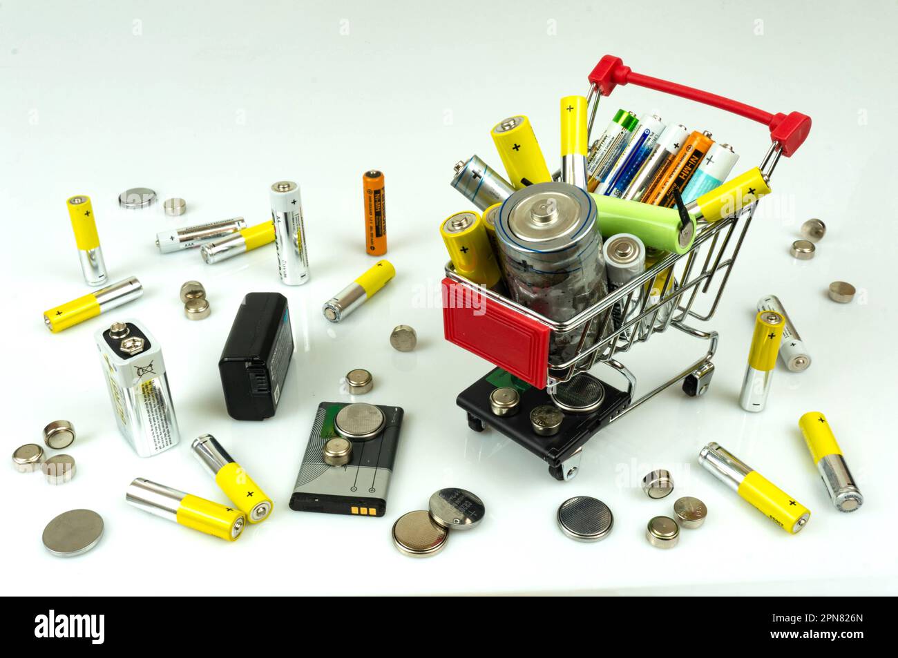 Supermarket trolley with batteries and accumulators of different sizes ...
