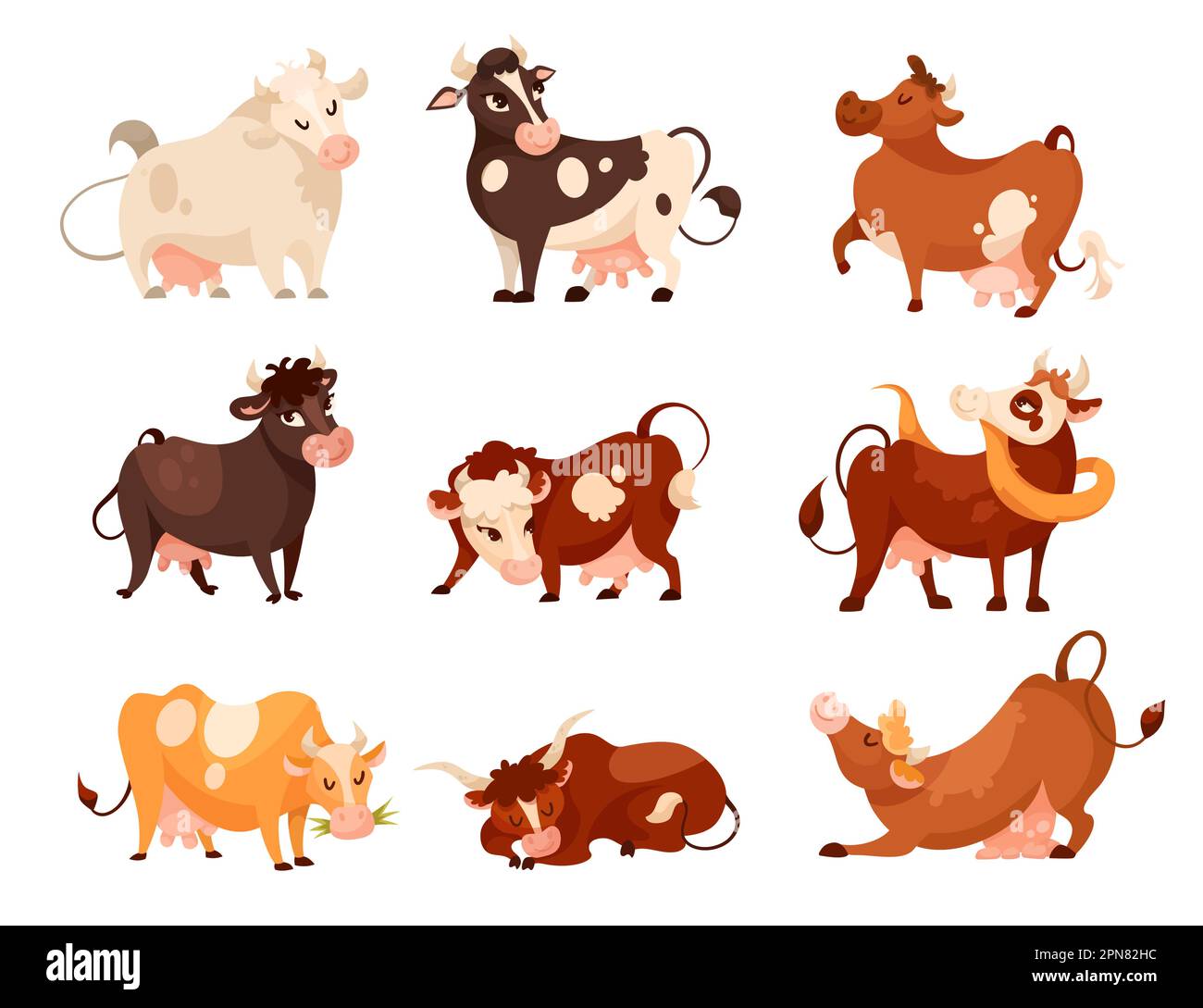 Comic cows of different breeds vector illustrations set Stock Vector
