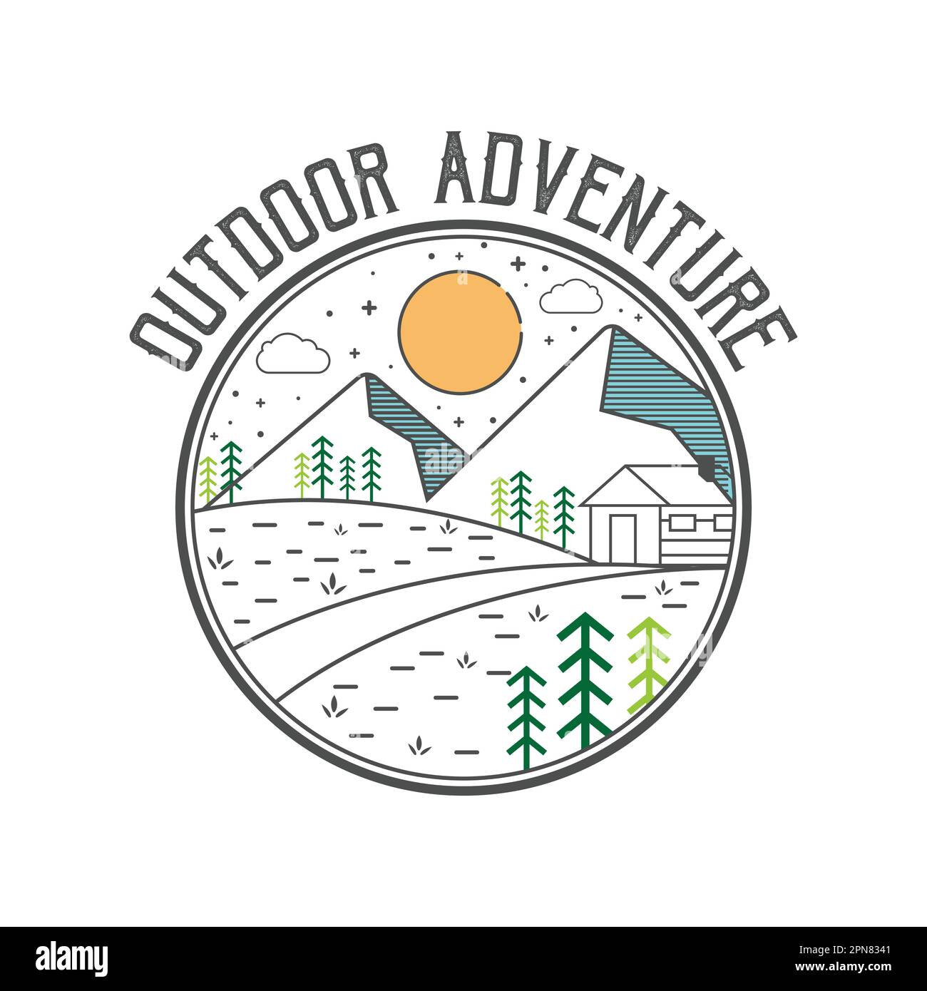 Minimal line art adventure logo template vector eps 10. Vintage simple logo design. Outdoor adventure line art scene, hiking landscape. Stock vector b Stock Vector