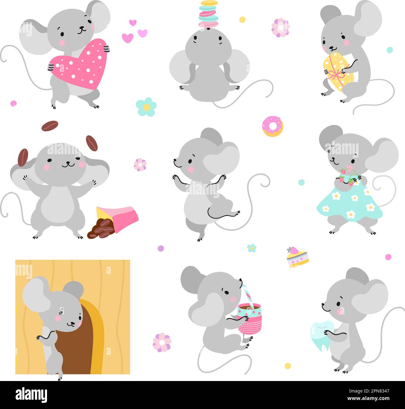 Funny cartoon mouse playing and sleeping. Mice adorable characters in