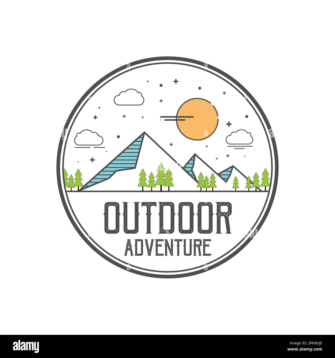 Line art adventure logo template vector eps 10. Vintage simple logo design. Outdoor adventure line art scene, hiking landscape. Stock vector badge. Stock Vector