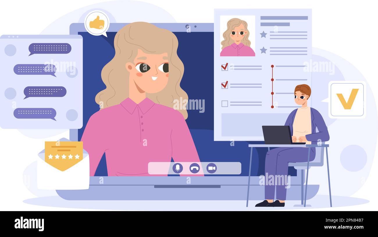 Job online interview, virtual introduction with employee. Digital resume and video communication, career web data. Recruitment snugly vector scene Stock Vector