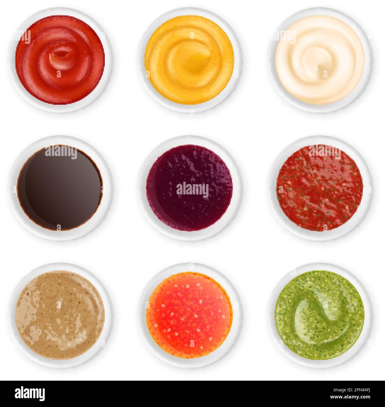 Isolated realistic sauces top view in white bowls. Sauce condiments, dips or dressings for dishes. Pesto, ketchup and mayonnaise pithy vector set Stock Vector
