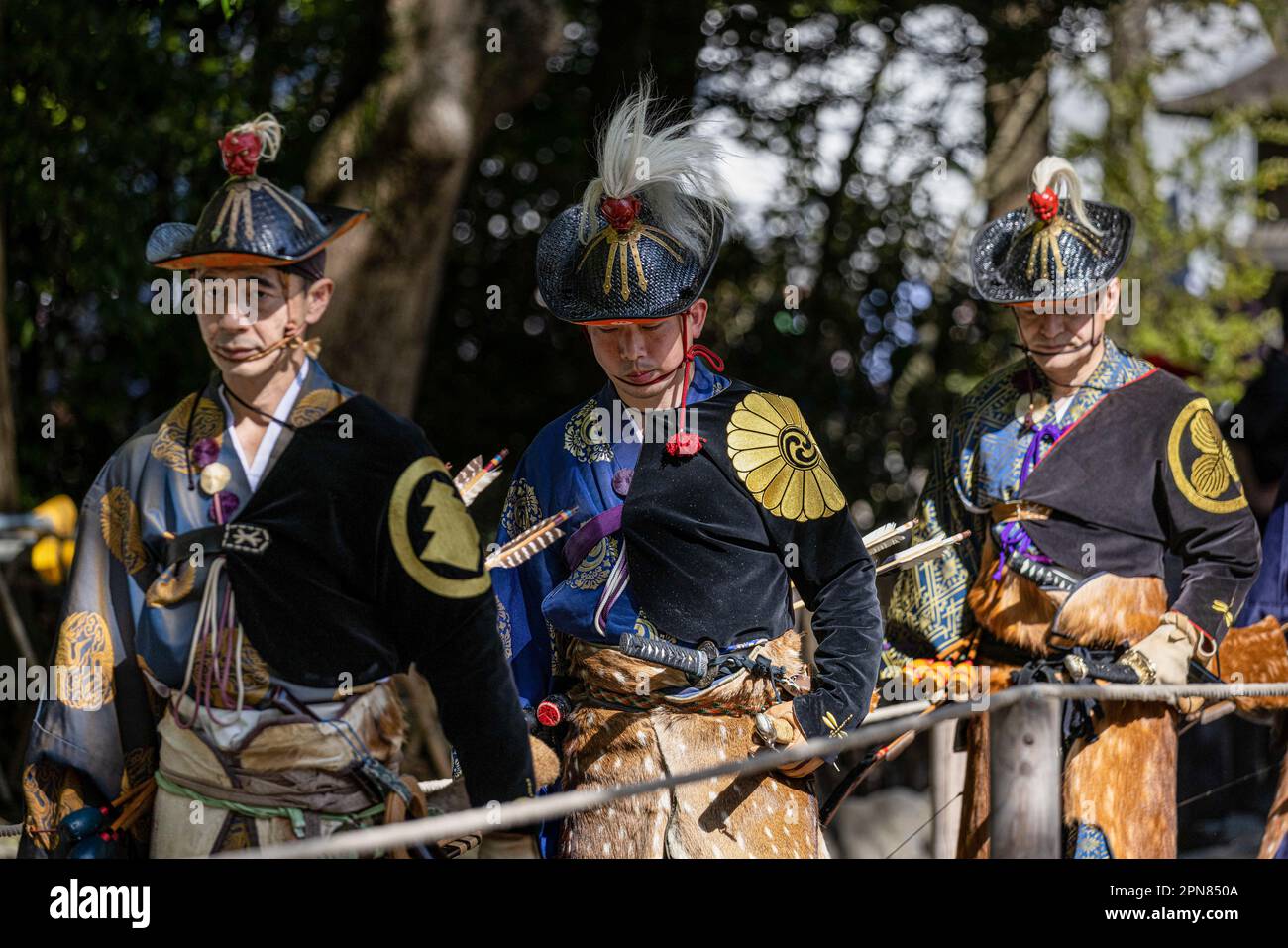 Yabusame (Japanese horseback archery) archers enter the competition