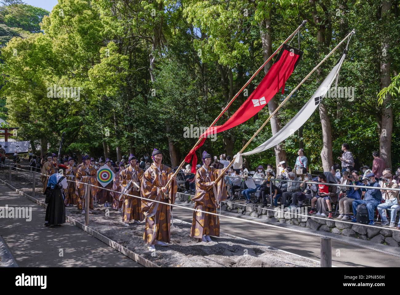Yabusami Yabusame (Japanese horseback archery) targets are brought into the ...