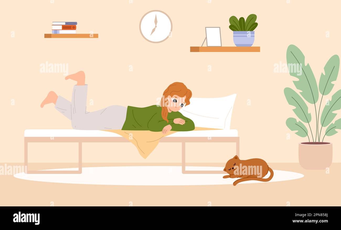 Girl resting on bed and looking at cat. Cute kitten sleep, teens relax in bedroom. Home lazy time, cartoon student tired, vector cozy scene Stock Vector