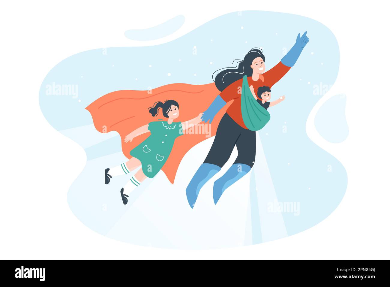 Super mother flying with kids flat vector illustration Stock Vector