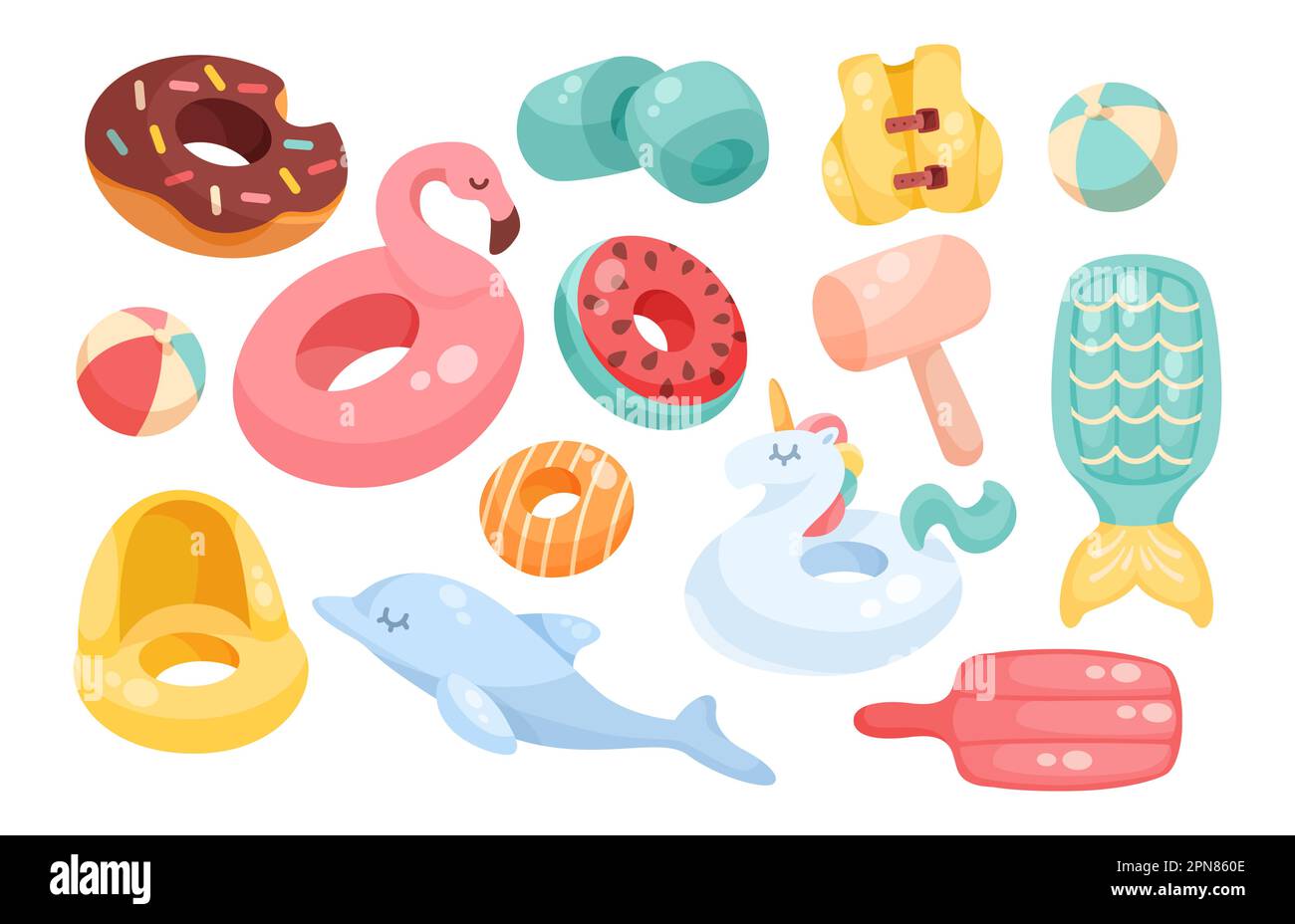 Inflatable toys and floaters for pool vector illustrations set Stock