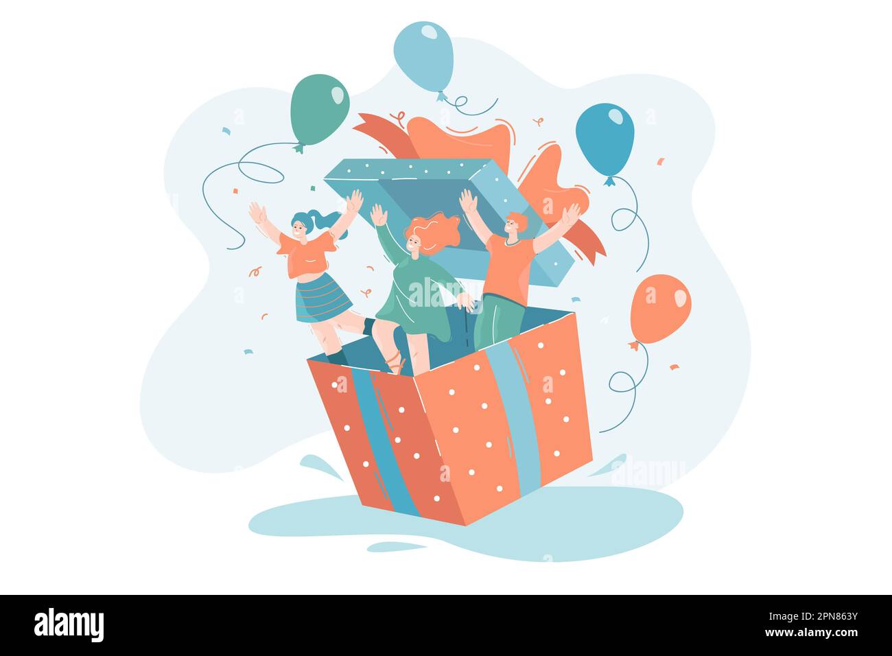 Happy people jumping from open gift box with joy Stock Vector