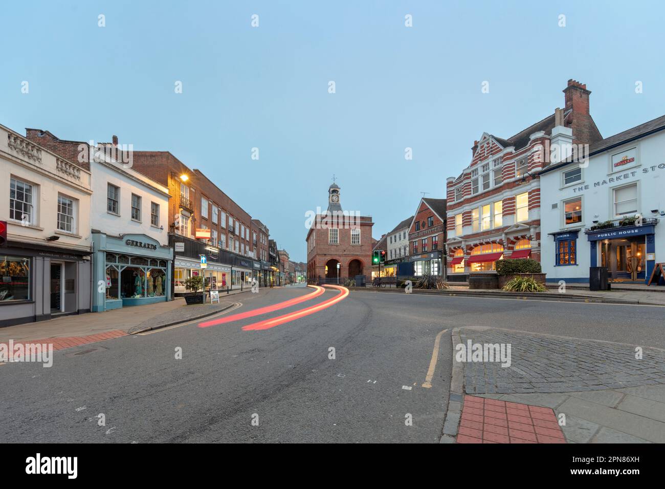 View along Reigate High Street with the Old Town Hall at dawn, Reigate, Surrey, England, United Kingdom, Europe Stock Photo