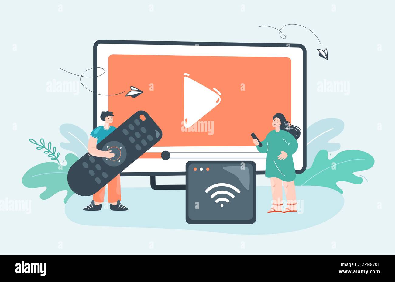 Tiny people with remote control watching TV, video or movie Stock