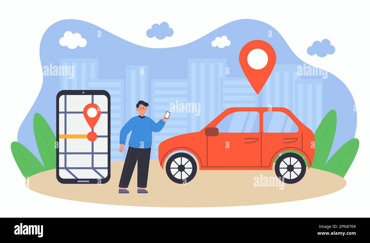 Man renting car using mobile app flat vector illustration Stock Vector