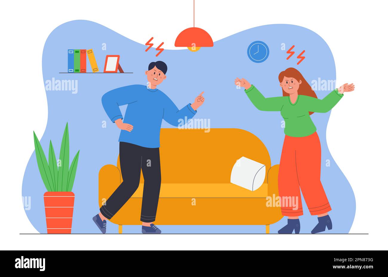 Angry wife and husband fighting in living room Stock Vector