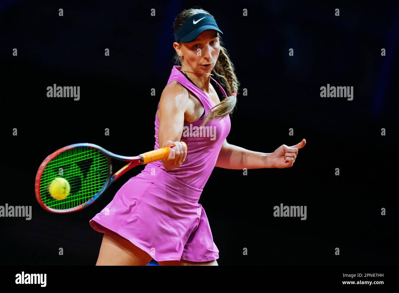 Stuttgart, Germany. 17th Apr, 2023. Tennis: WTA Tour, Women, Singles, 1st  round, Bucsa (Spain) - Korpatsch (Hamburg) at Porsche Halle. Tamara  Korpatsch from Germany plays a forehand. Credit: Thomas  Niedermüller/dpa/Alamy Live News