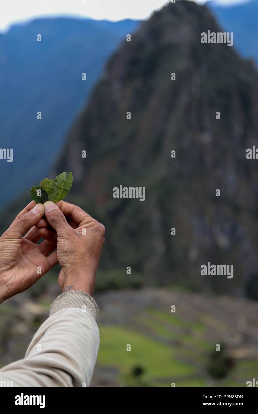 Spiritual offering with hands overlooking machu picchu Stock Photo