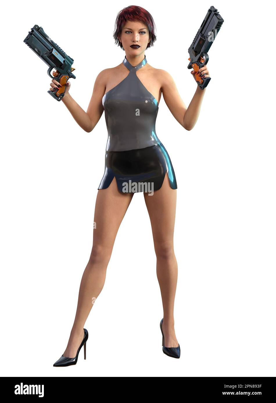 futuristic woman armed with guns, 3d rendering Stock Photo