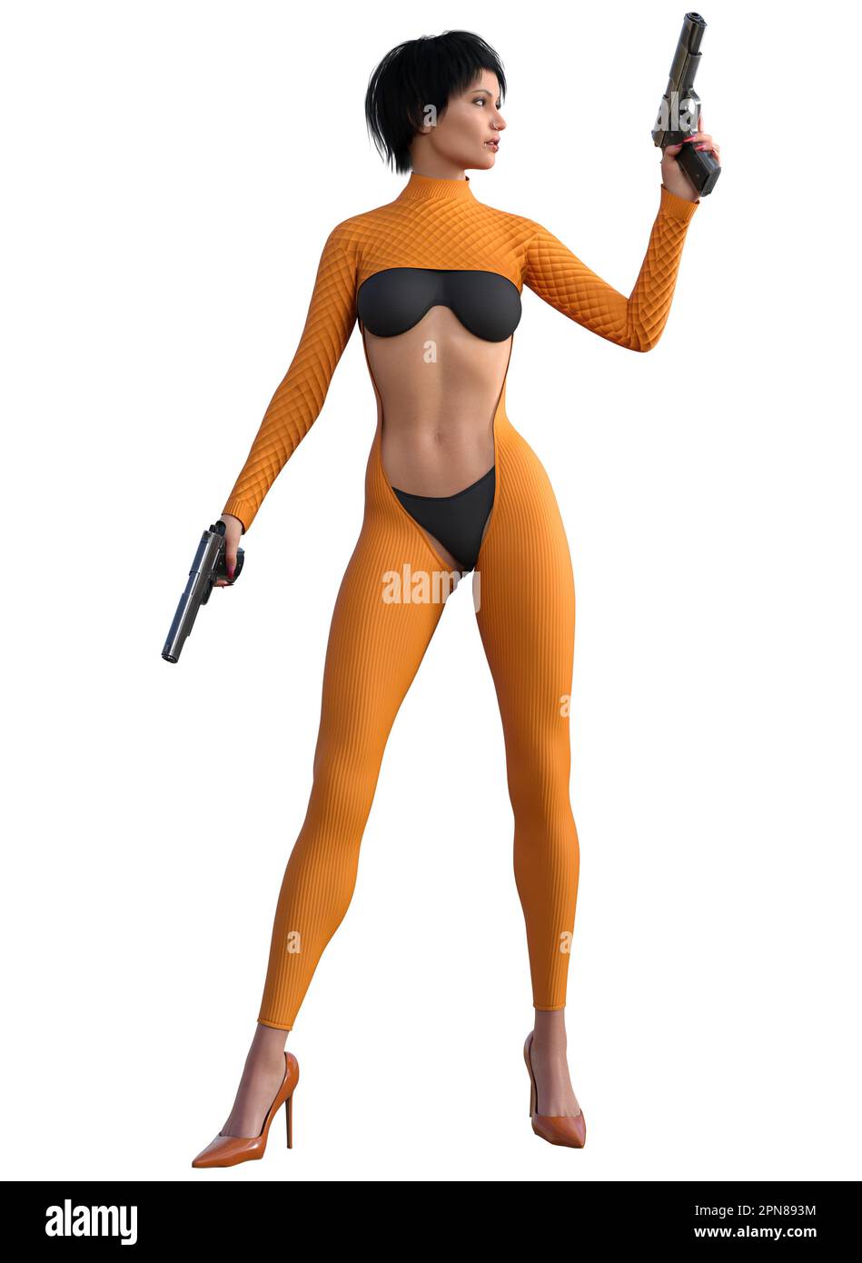 futuristic woman armed with guns, 3d rendering Stock Photo