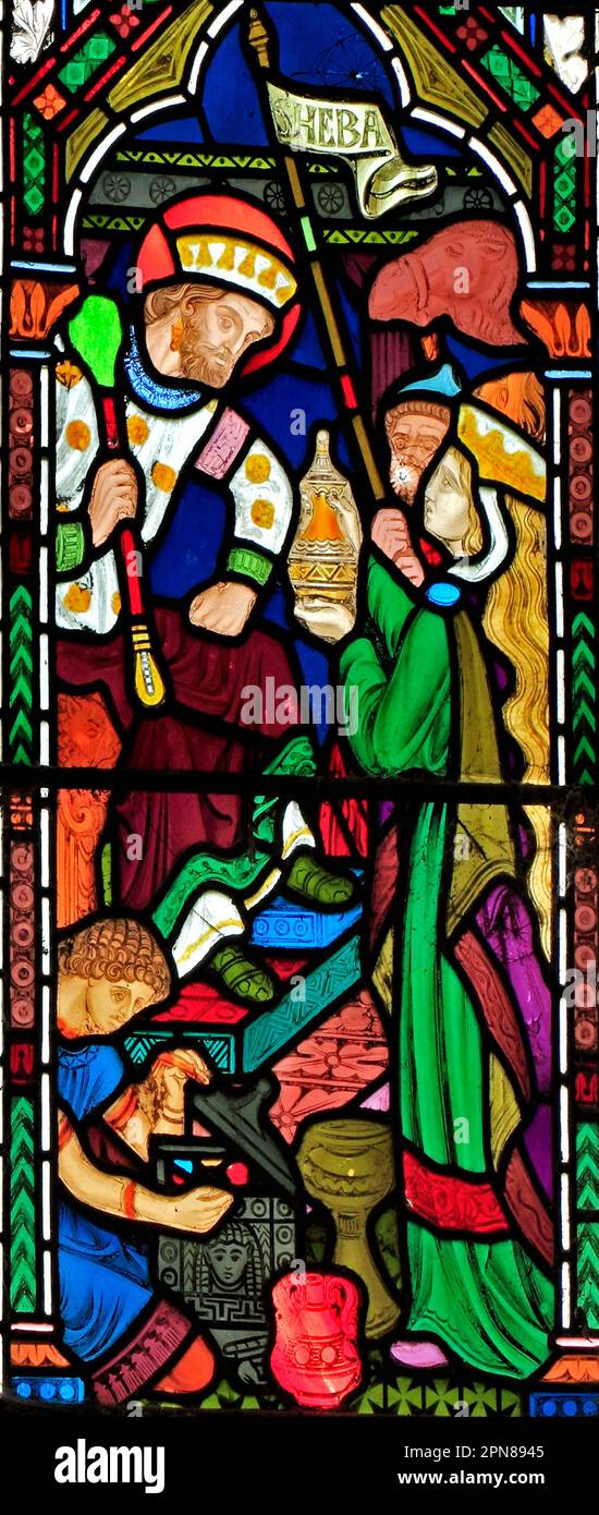 Snettisham, Norfolk, stained glass window by Frederick Preedy, 1861, King Solomon, visited by the Queen of Sheba, Bible story, Biblical Stock Photo