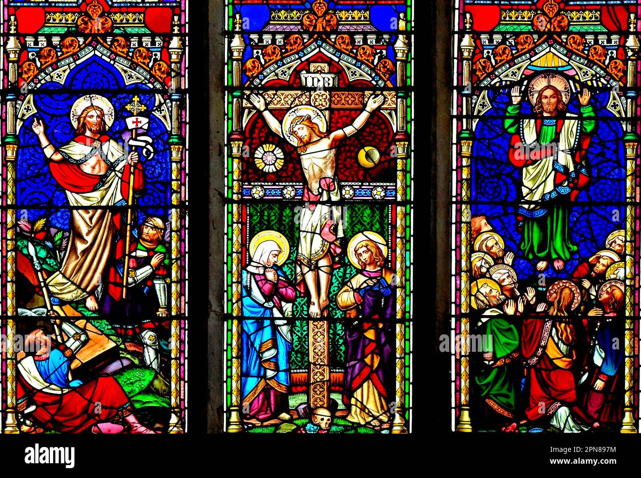 Stained Glass by William Wailes, 1861, Resurrection, Crucifixion and Ascension, of jesus, Baconsthorpe Church, Norfolk, England, UK Stock Photo