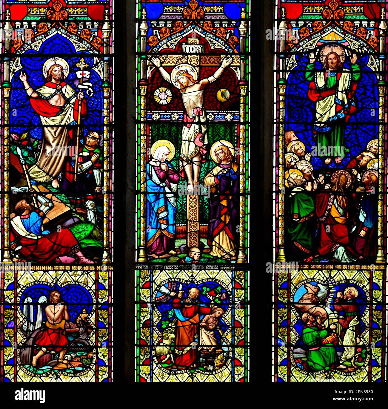 Stained Glass by William Wailes, 1861, Resurrection, Crucifixion and Ascension, of Jesus, Baconsthorpe Church, Norfolk, England, UK Stock Photo