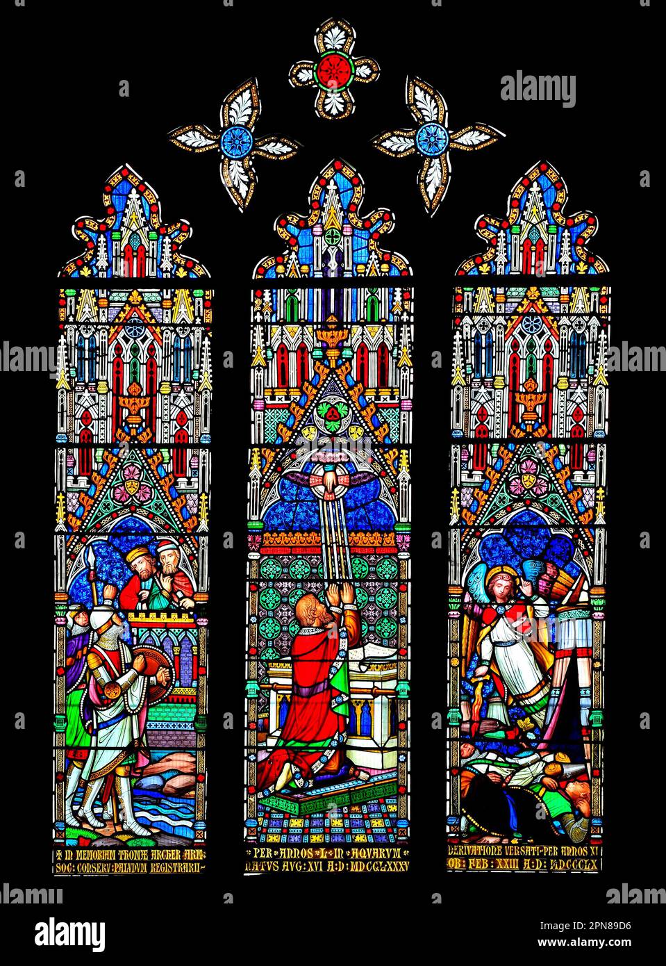 Stained glass window, King Hezekiah and the Assyrians, by William Wailes, mid 19th century, Ely Cathedral, Cambridgeshire, England Stock Photo